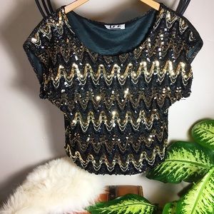 Vintage black and gold sequin crop top